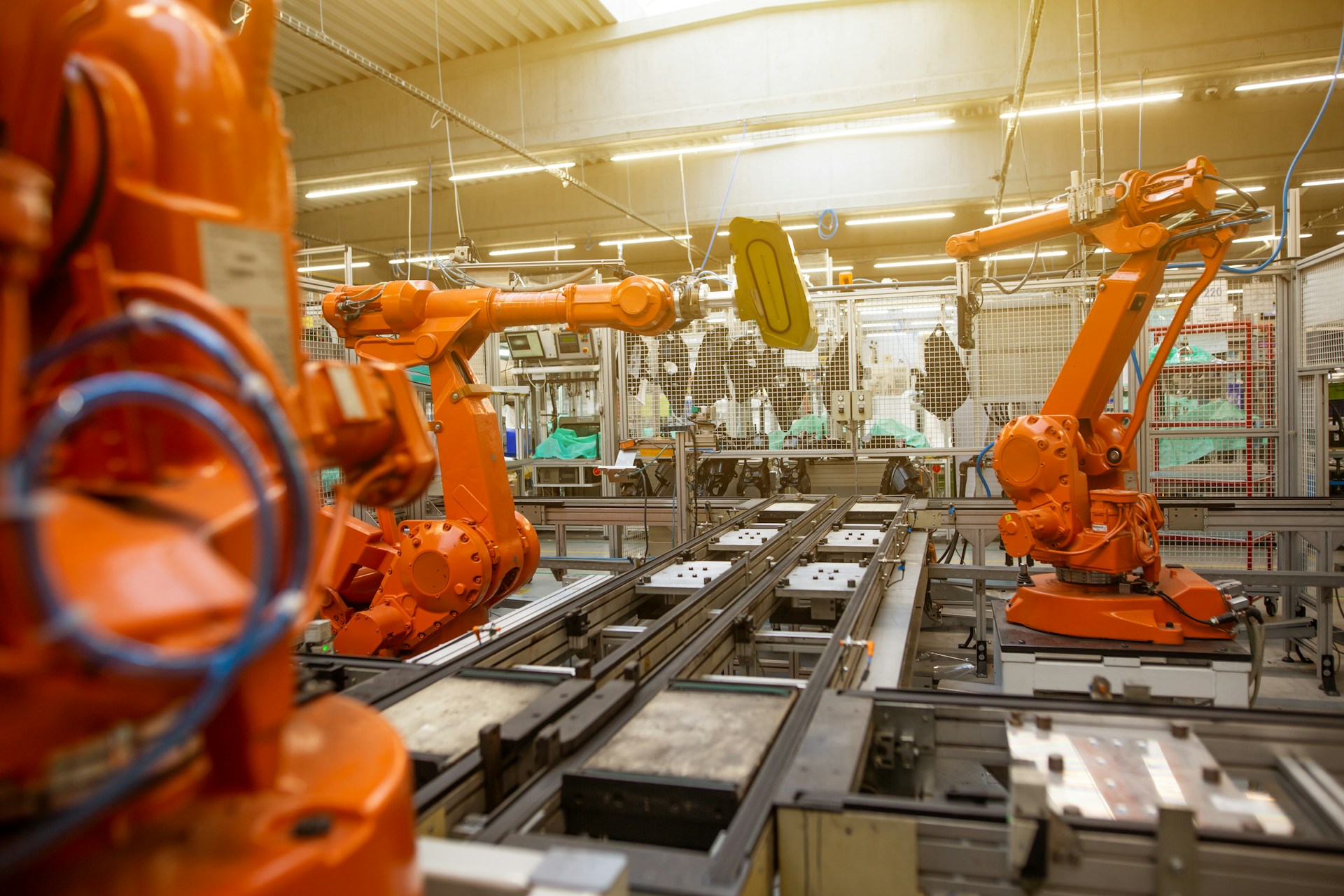 Industrial robots along an automotive production line.